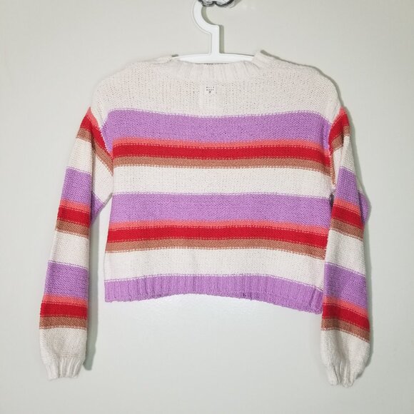 Billabong Striped Knit Sweater Cropped Lavender Orange Crew Neck Top Medium - Picture 2 of 7